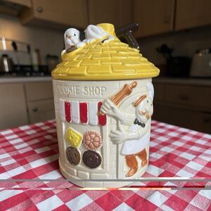 Cookie Jar Vintage Cookie Shop with Puppy On Top 9.5” X 7” Ceramic Kitschy